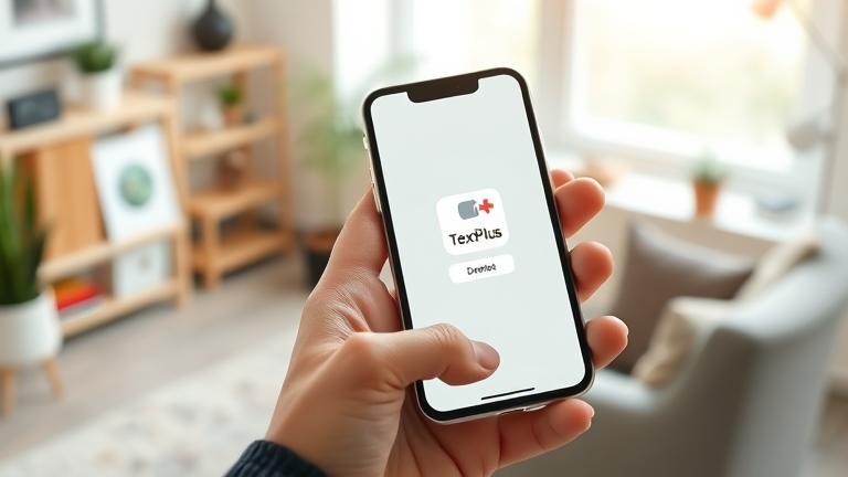 alt_text: Person deleting the Plus app on smartphone in a modern home office setting.