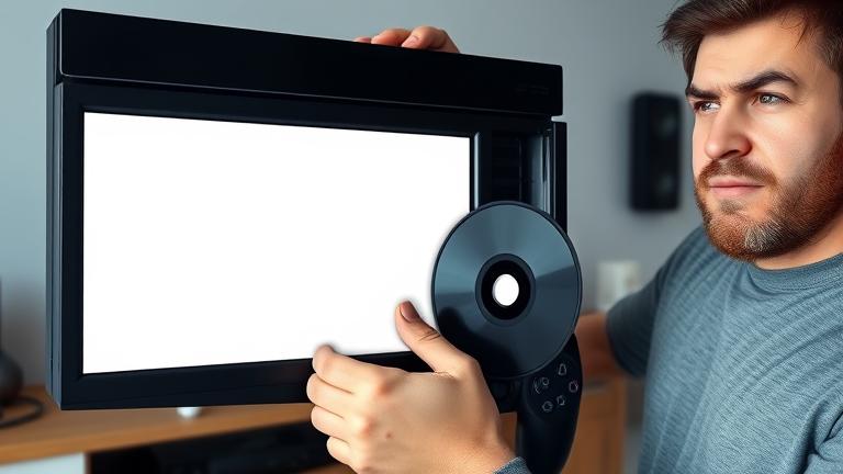 alt_text: Frustrated gamer holding a PS4 with error screen, near disc slot in a modern gaming setup.