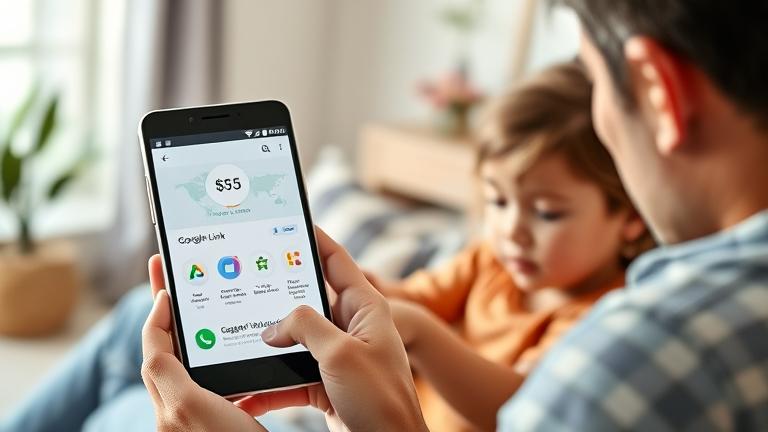alt_text: Parent and child using Google Family Link on a device, with dollar signs hinting at cost.