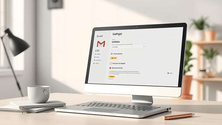 alt_text: MacBook with Gmail settings to delete account, in a modern workspace with coffee and phone.