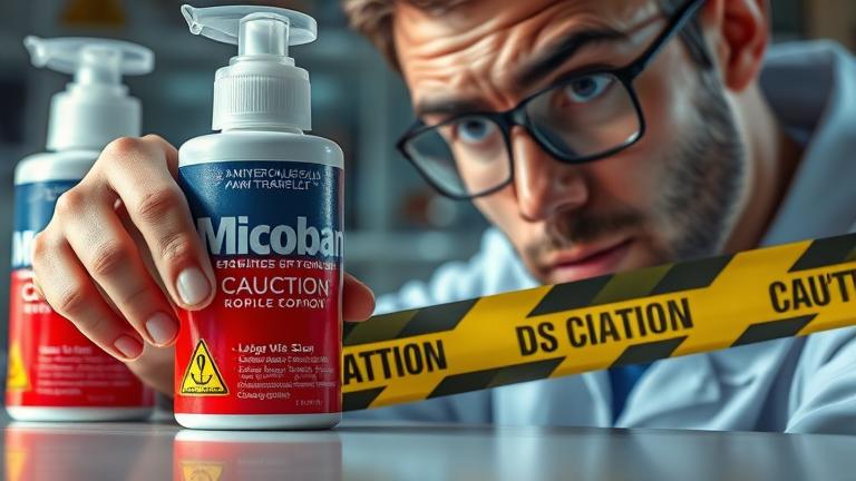 alt_text: Close-up of Microban packaging with caution tape, person examining, conveying safety concerns.