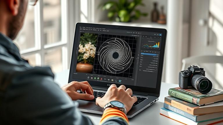 alt_text: Photographer editing a photo with golden ratio grid overlays on a bright, stylish workspace.