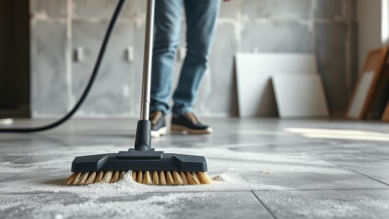 alt_text: Person cleaning drywall dust from concrete floor with vacuum and mop in a modern workshop.