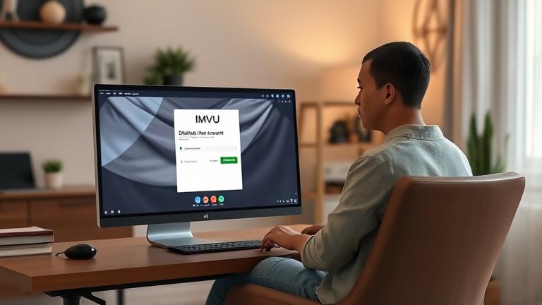 alt_text: Person at laptop in cozy home office, contemplating disabling IMVU account.