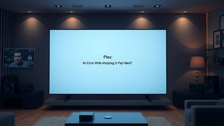 Digital media player error with a frustrated user in a dim home theater setting.