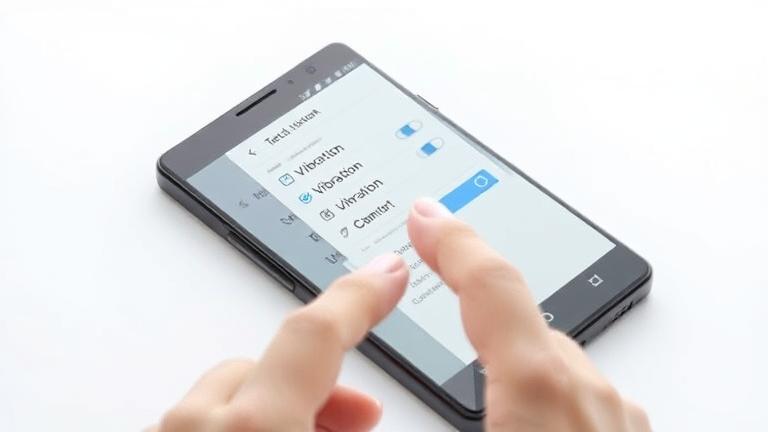 alt_text: Android phone with settings open, showing vibration off toggle, finger gesture pointing.