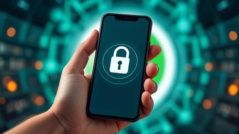 alt_text: Person holding phone with WhatsApp chat, lock icon, emphasizing quick account security.