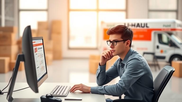 alt_text: Person at computer with U-Haul branding, moving boxes in background, focused on account deletion.