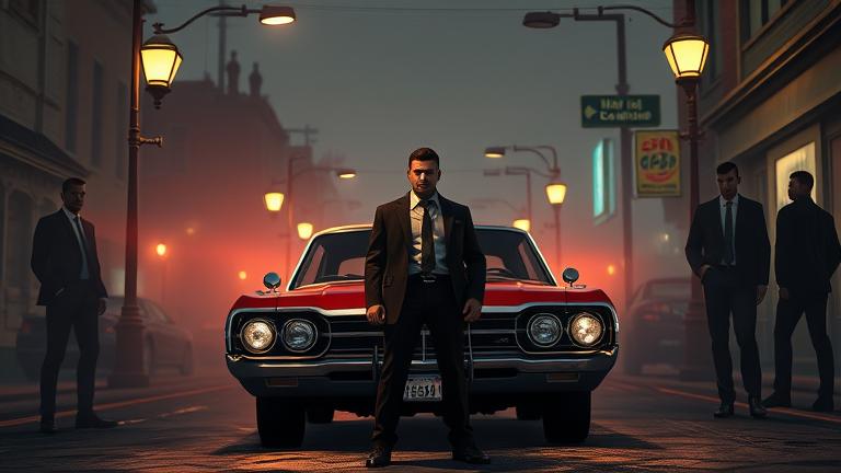alt_text: Intense 1960s New Bordeaux scene with protagonist, vintage car, neon, and hints to saving mafia.