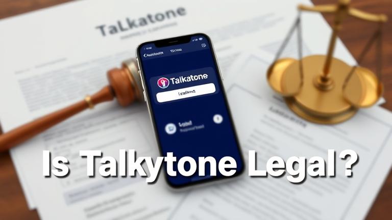 alt_text: Smartphone showing Talkatone app, with legal symbols and "Is Talkatone Legal?" text.
