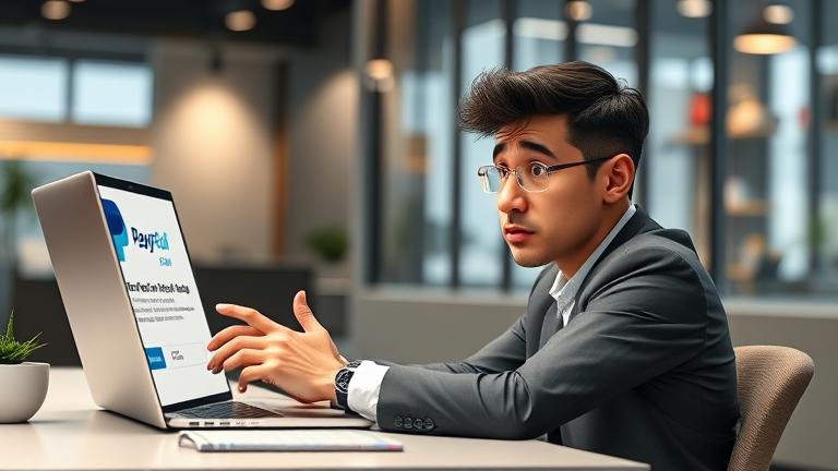 alt_text: Frustrated person struggling to remove a card from PayPal on a laptop in a modern, relatable setting.