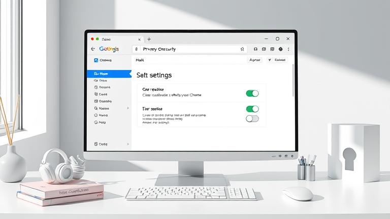 alt_text: Chrome settings to clear cookies on exit, shown on a clean workspace screen.