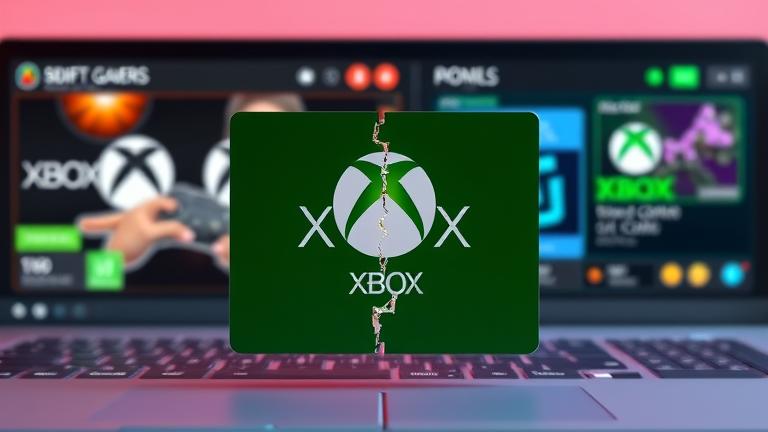 alt_text: Xbox gift card split between two profiles, with gaming icons and digital dashboard.