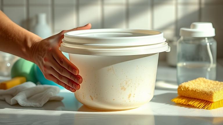 alt_text: Person cleans stained Tupperware with sponge and soap on a bright kitchen counter.
