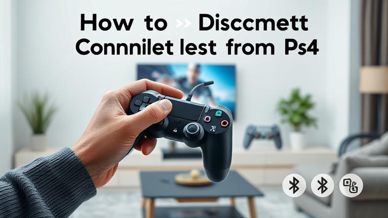 alt_text: Person disconnects PS4 controller in a cozy living room, with TV and tutorial hints.