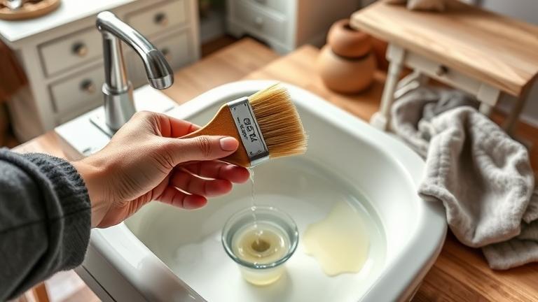 alt_text: Person cleans a wax brush in warm water, highlighting a cozy DIY workshop setup.