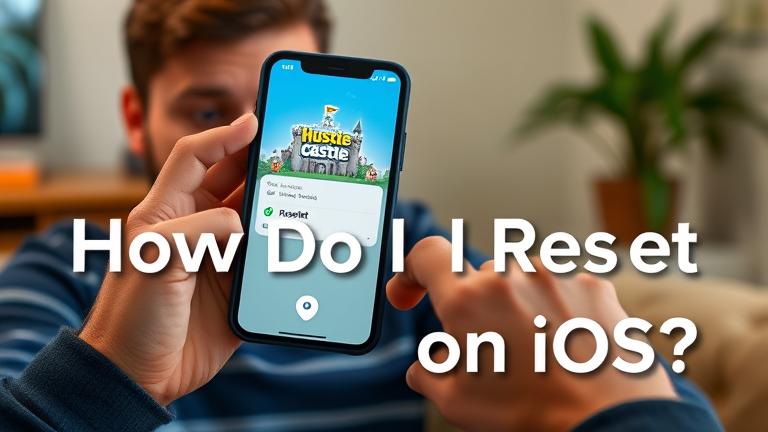 alt_text: Person with iPhone resetting Hustle Castle in a cozy workspace, with guide text overlay.