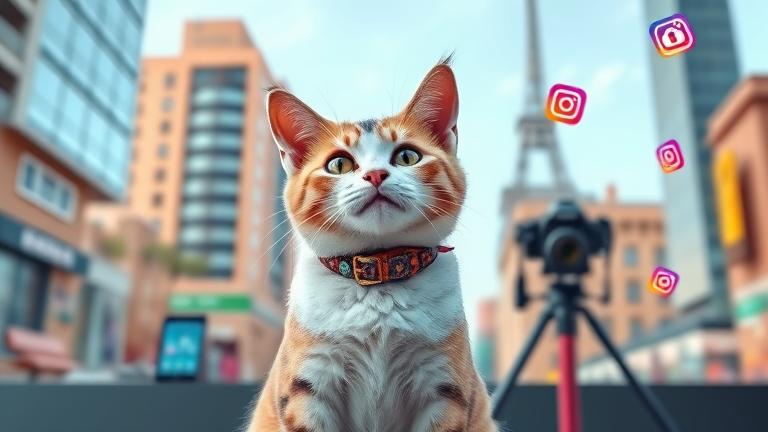 alt_text: Cute cat with accessories in urban setting, ready to shine on Instagram.