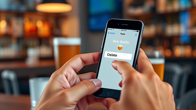A person taps delete on Beer Buddy app on smartphone in a casual setting.