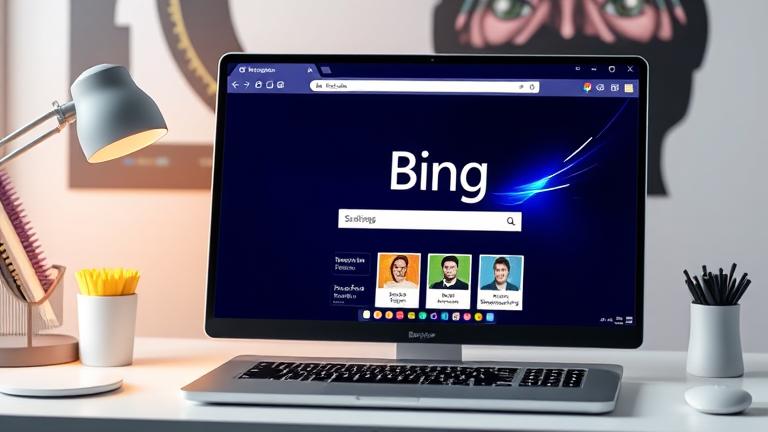 alt_text: Laptop displaying Bing as default search engine, user happily browsing in a modern workspace.
