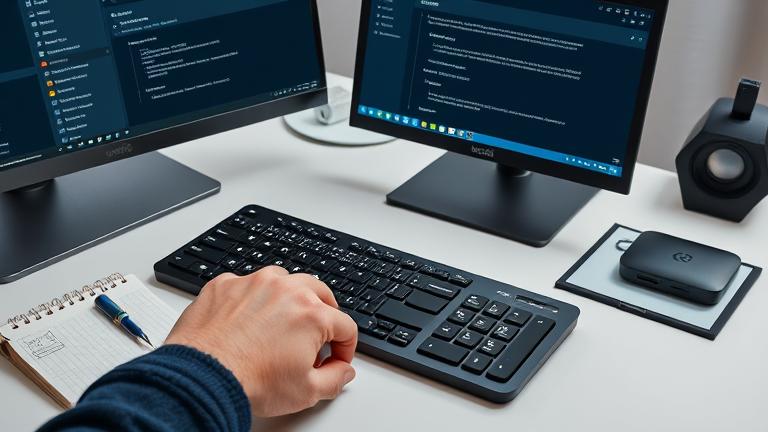 alt_text: Person troubleshooting Logitech MK520 keyboard with tools, computer, and notes on a clean desk.