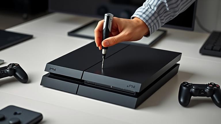 alt_text: Hands unscrewing a PS4 Slim on a clean desk, with subtle gaming accessories in the background.