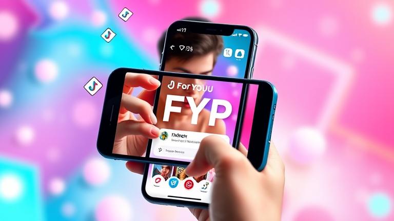 alt_text: Person engaging with TikTok FYP on smartphone, vibrant background, icons, digital appeal.