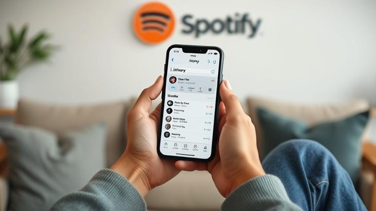 alt_text: Person enjoying Spotify on phone in cozy setting, showing listening history with musical icons.