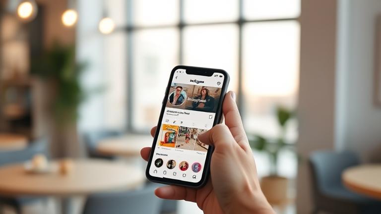 alt_text: Person views Instagram tagged posts on phone, unhidings in a bright, modern setting.