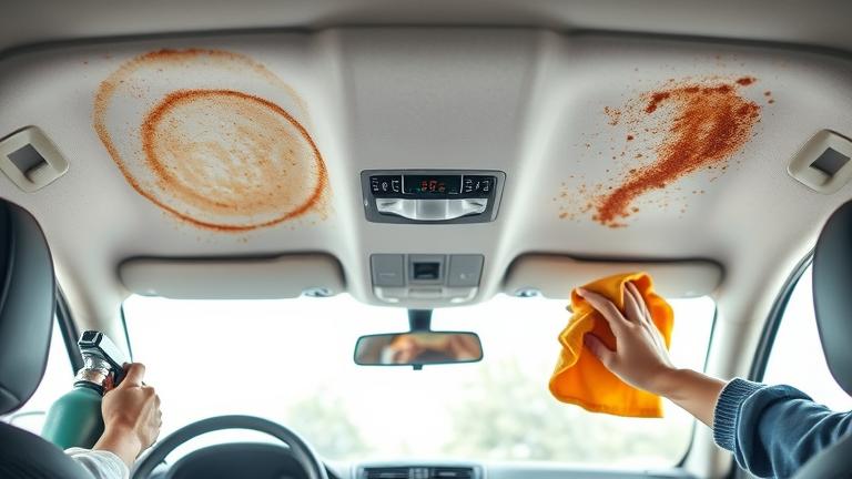 alt_text: Person cleaning soda stain from car ceiling with cloth and spray in a modern interior.
