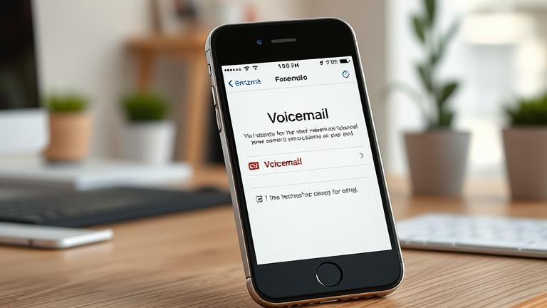 alt_text: iPhone 5s screen showing voicemail setup, in a modern workspace environment.