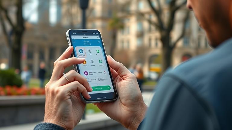 A person in a city park uses Lookout app on smartphone, showing curiosity and skepticism.