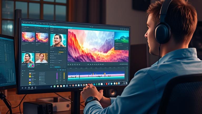 alt_text: Video editor adjusting color grading on a monitor with Lightroom-like tools in a modern workspace.