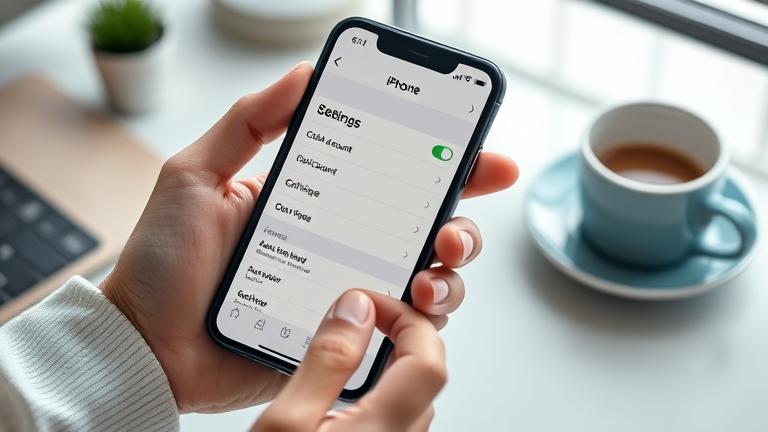alt_text: Person holding iPhone 8 showing iCloud settings, with a modern desk background.