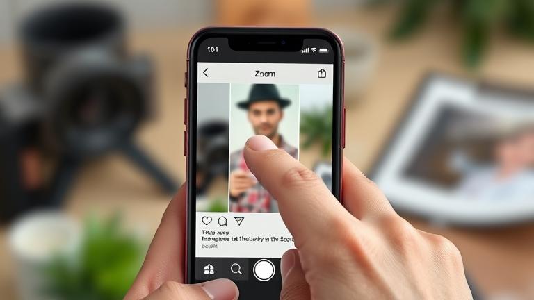 alt_text: Phone screen zooming in on Instagram Story with finger pinch, blurred social media background.