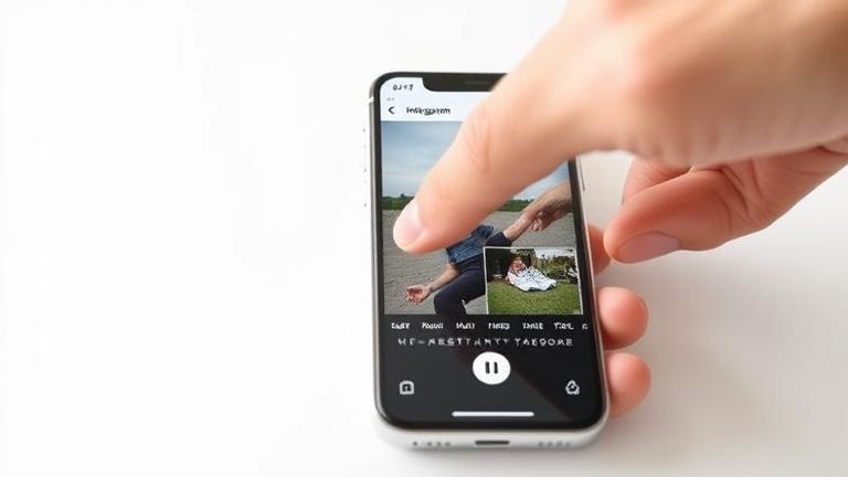 alt_text: Smartphone showing Instagram Reel with finger ready to pause on play button.