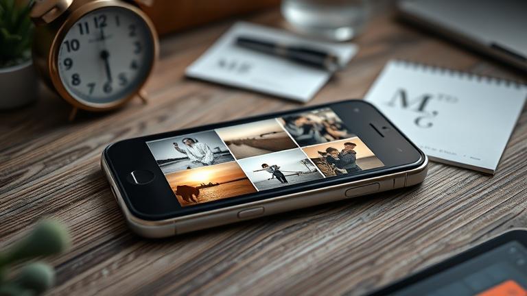 alt_text: iPhone screen with a photo recovery app showing faded memories, with a calendar in the background.
