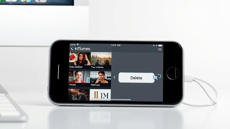 alt_text: iPhone connected to computer with iTunes, selecting videos for deletion.