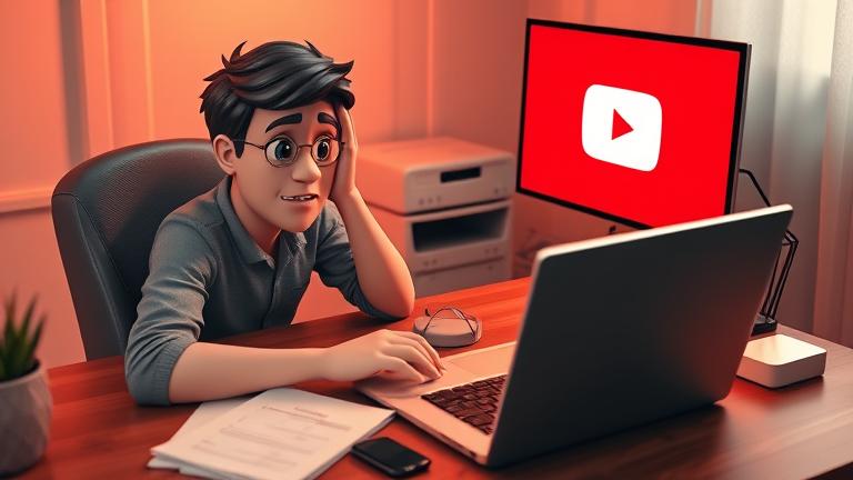 alt_text: Person at desk with laptop, frustrated, trying to access old YouTube account.