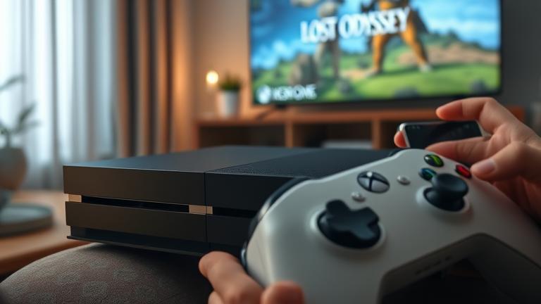 alt_text: Xbox One with Lost Odyssey case, TV display, and gamer holding controller.