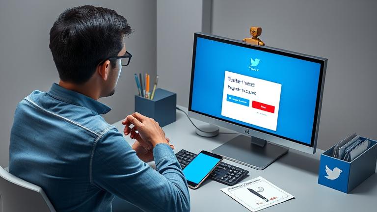 alt_text: Person at desk recovering a deleted Twitter account, with phone, notes, and Twitter branding.