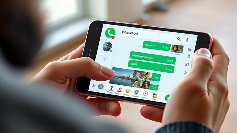 alt_text: Person sharing a GIF via WhatsApp on Android phone in a modern, well-lit setting.