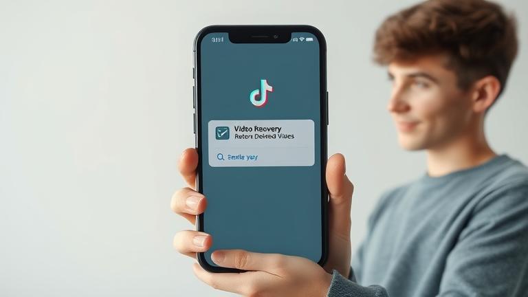 alt_text: Young user views phone with TikTok recovery options and progress, symbolizing video restoration.