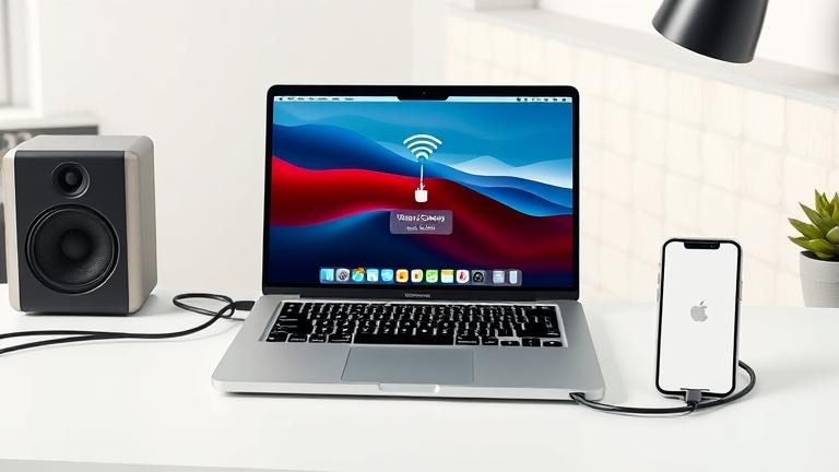 alt_text: Sleek MacBook and iPhone on a modern desk, showcasing wireless connection setup.
