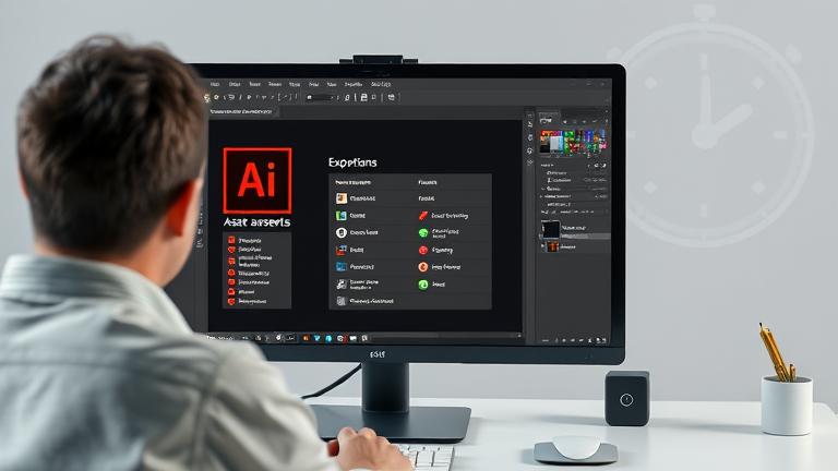 alt_text: Designer exporting assets in Illustrator with a clock, showing quick, efficient workflow.