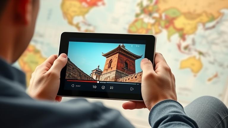 alt_text: Person watches Marco Polo video on a tablet with travel-themed background and visible video controls.