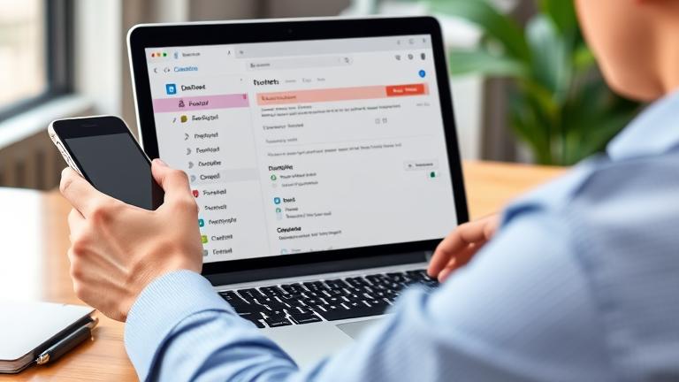 alt_text: Person managing emails on laptop in a modern workspace, focused on contact management.