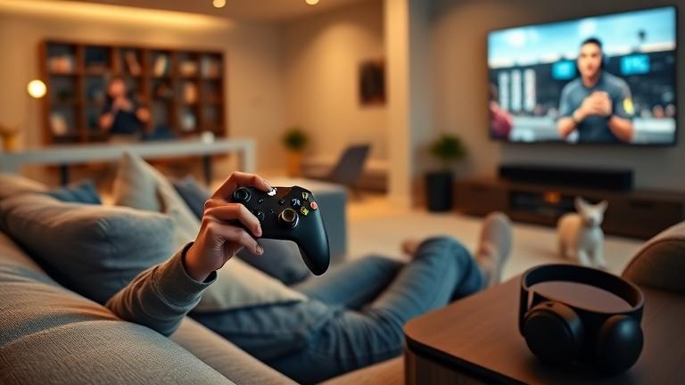 alt_text: Person on couch gaming with AirPods and Xbox Series X, showcasing wireless gaming setup.