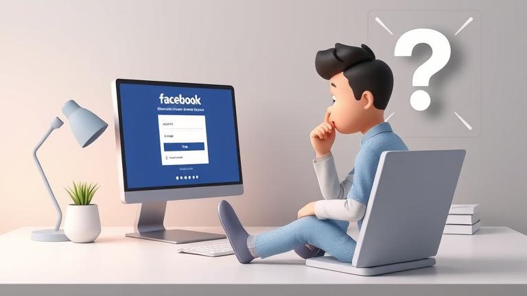 alt_text: Concerned person seeks Facebook account recovery, with branding and a checklist icon.