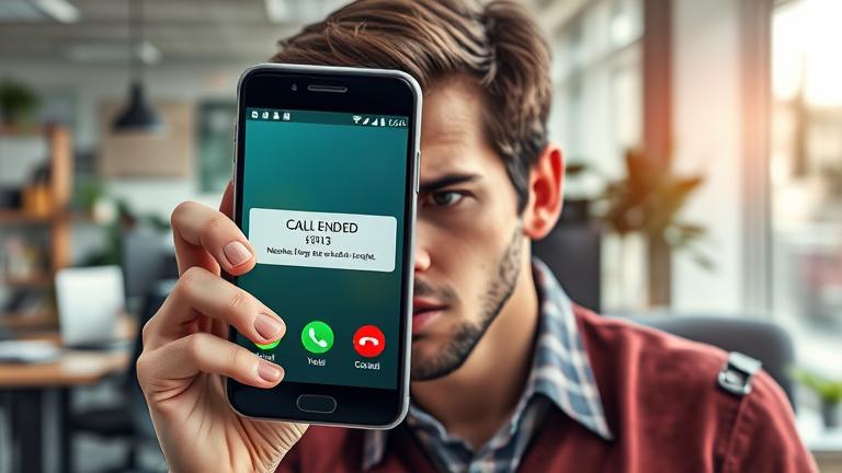 alt_text: Frustrated person with Android device showing "call ended" in busy workspace.